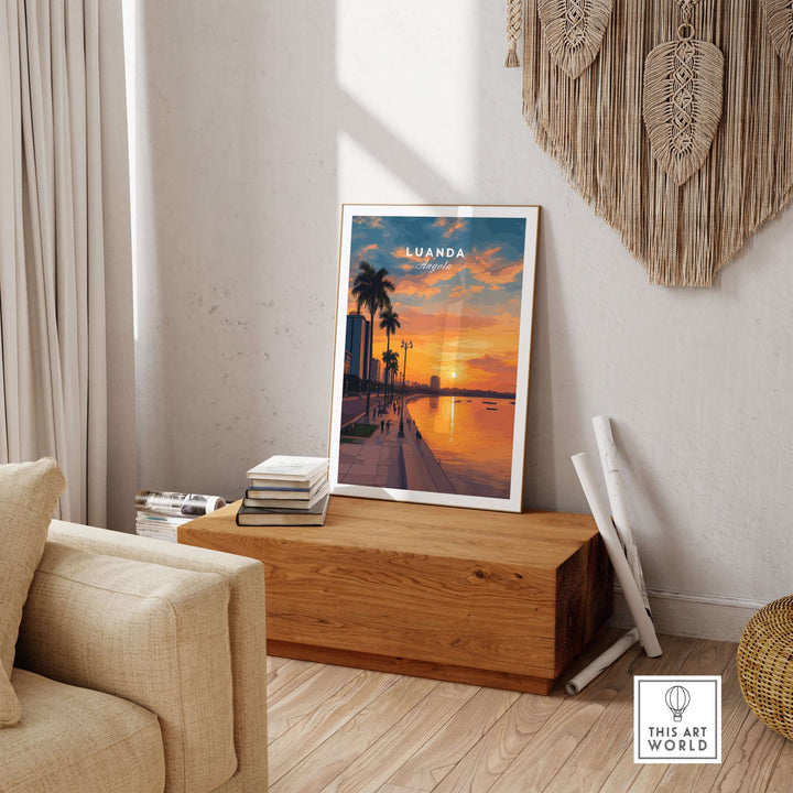 Luanda City at dusk print featuring palm trees and sunset in a cozy modern living room setting.