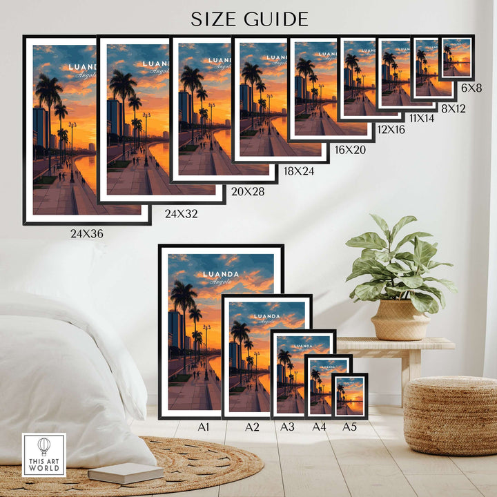 Size guide for Luanda City at Dusk Print showing various frame sizes with palm trees and sunset art.