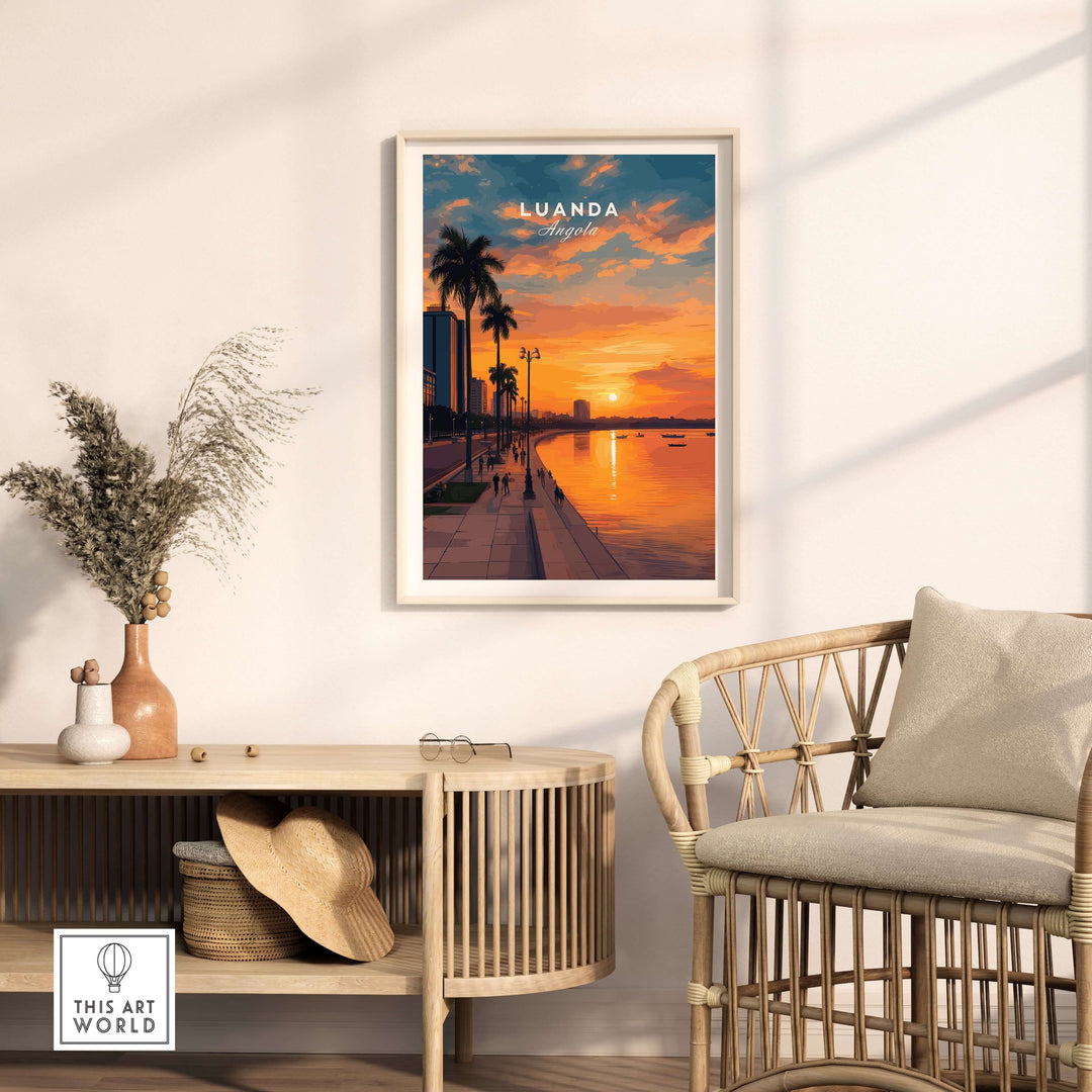 Luanda City at dusk print featuring palm trees and vibrant sunset, perfect for African urban art lovers.