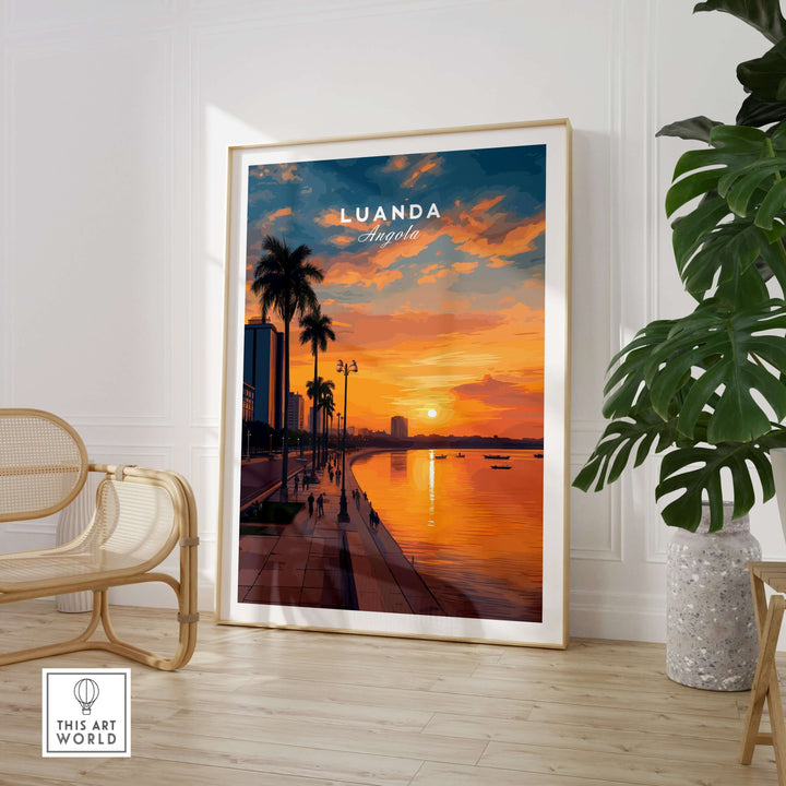 Luanda City at dusk print featuring palm trees and sunset reflections, perfect for urban art lovers.