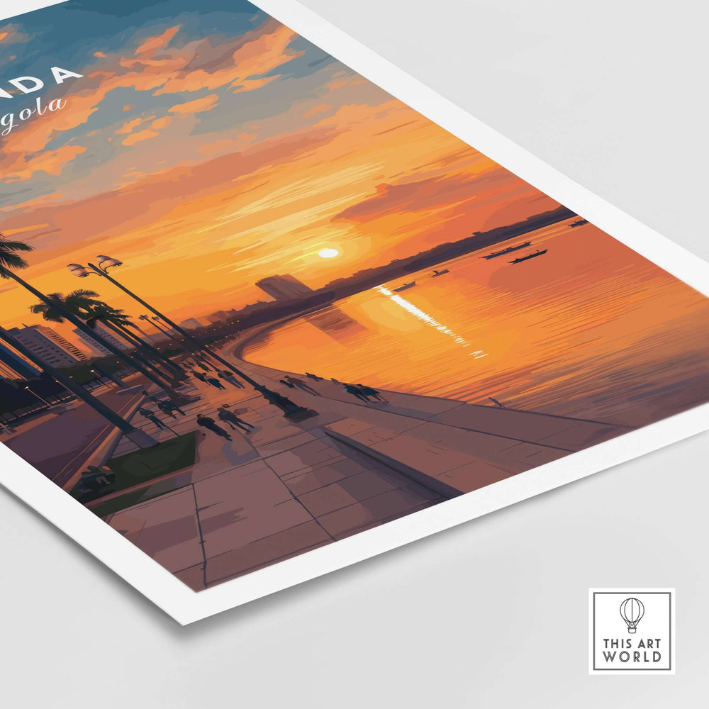 Luanda City at Dusk poster showcasing palm trees and sunset over the water in Angola, vibrant urban landscape art.