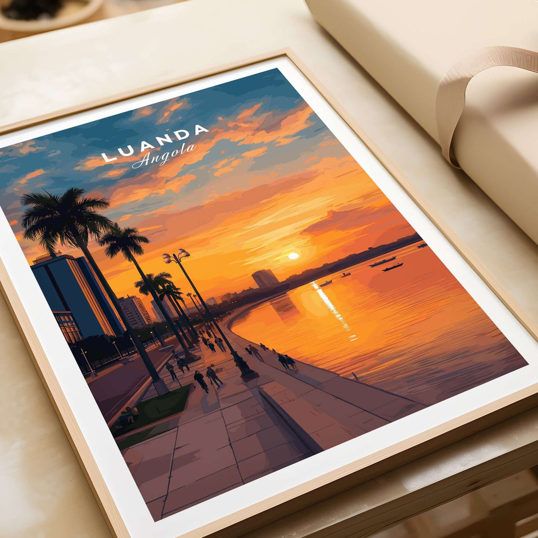Luanda City at dusk print featuring palm trees and a vibrant sunset over the water in Angola.