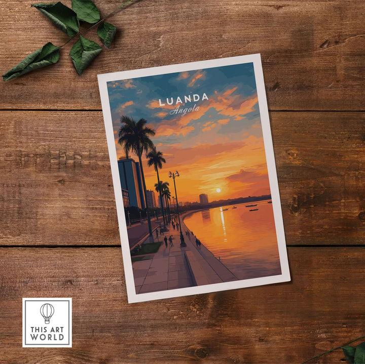 Luanda City at dusk print featuring palm trees and vibrant sunset over water, perfect for African urban art enthusiasts.