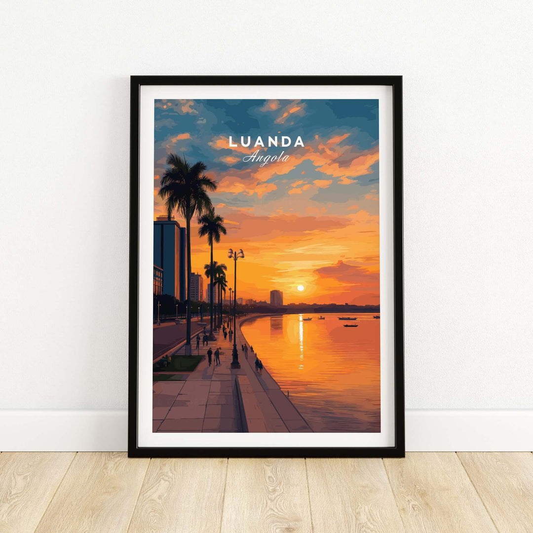 Luanda City at dusk print featuring palm trees and vibrant orange sunset over the waterfront in Angola.