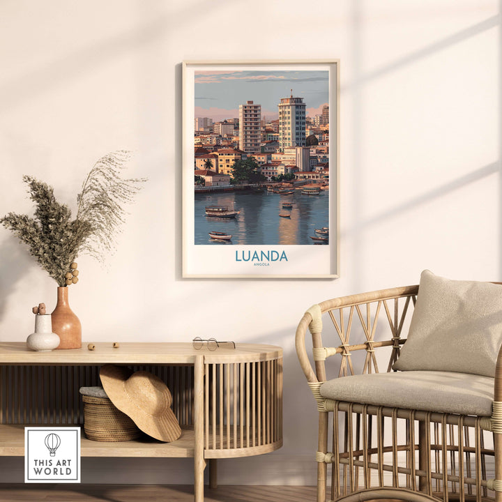 Luanda cityscape poster displayed in a modern setting, capturing Angola's vibrant waterfront and urban life.