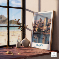 Luanda Cityscape Poster - Angola Travel Print - Urban Waterfront Wall Art displayed on a window ledge with a view.
