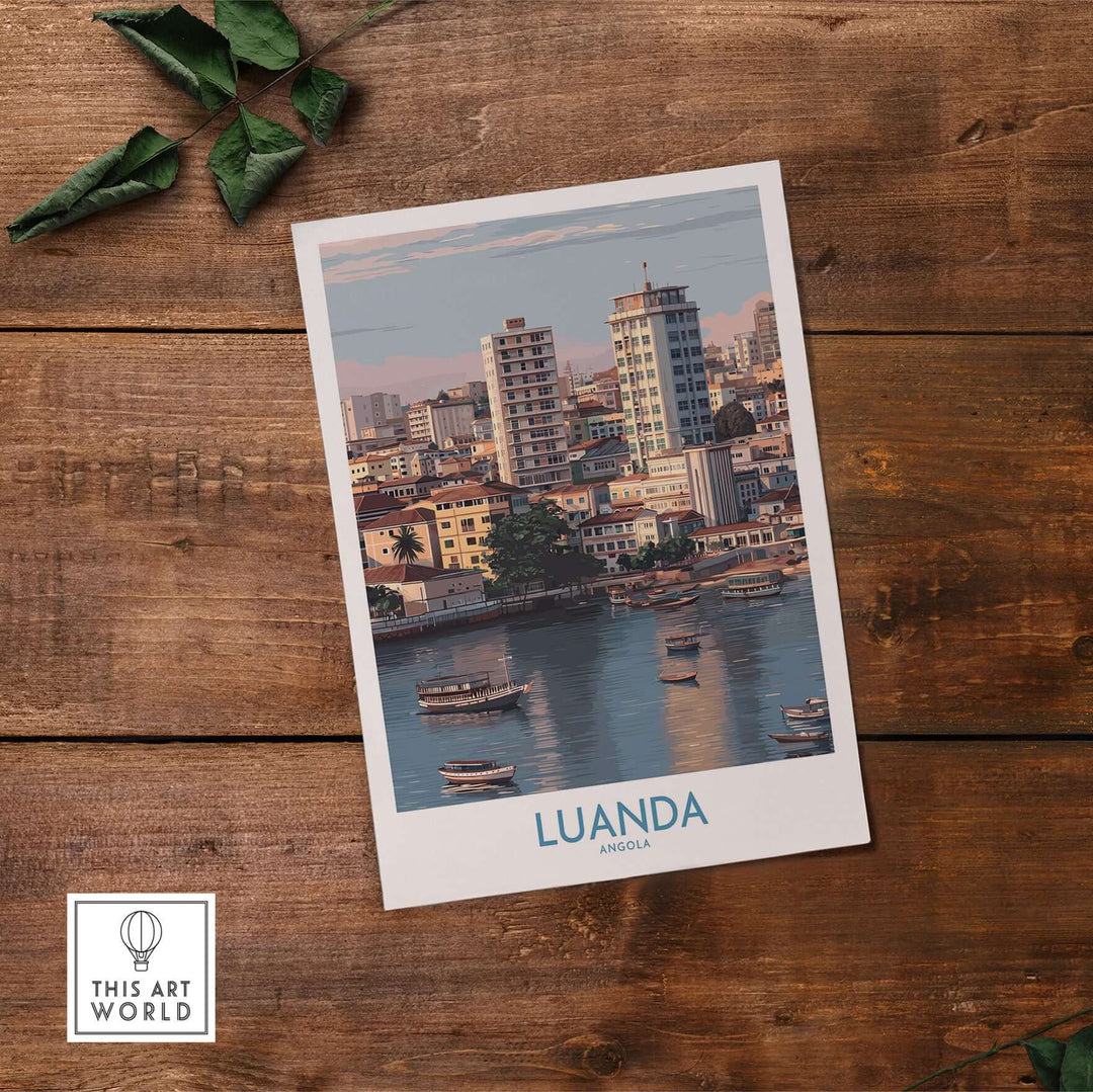 Luanda cityscape poster featuring Angola's vibrant urban waterfront on wooden background.