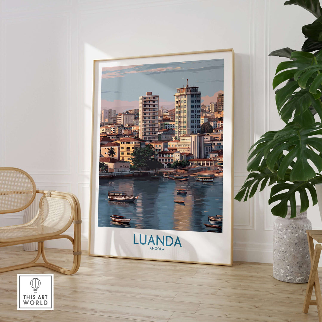 Luanda Cityscape Poster showcasing Angola's vibrant urban waterfront in a stylish interior setting.