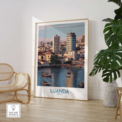 Luanda Cityscape Poster - Angola Travel Print - Urban Waterfront Wall Art displayed in a modern interior setting.