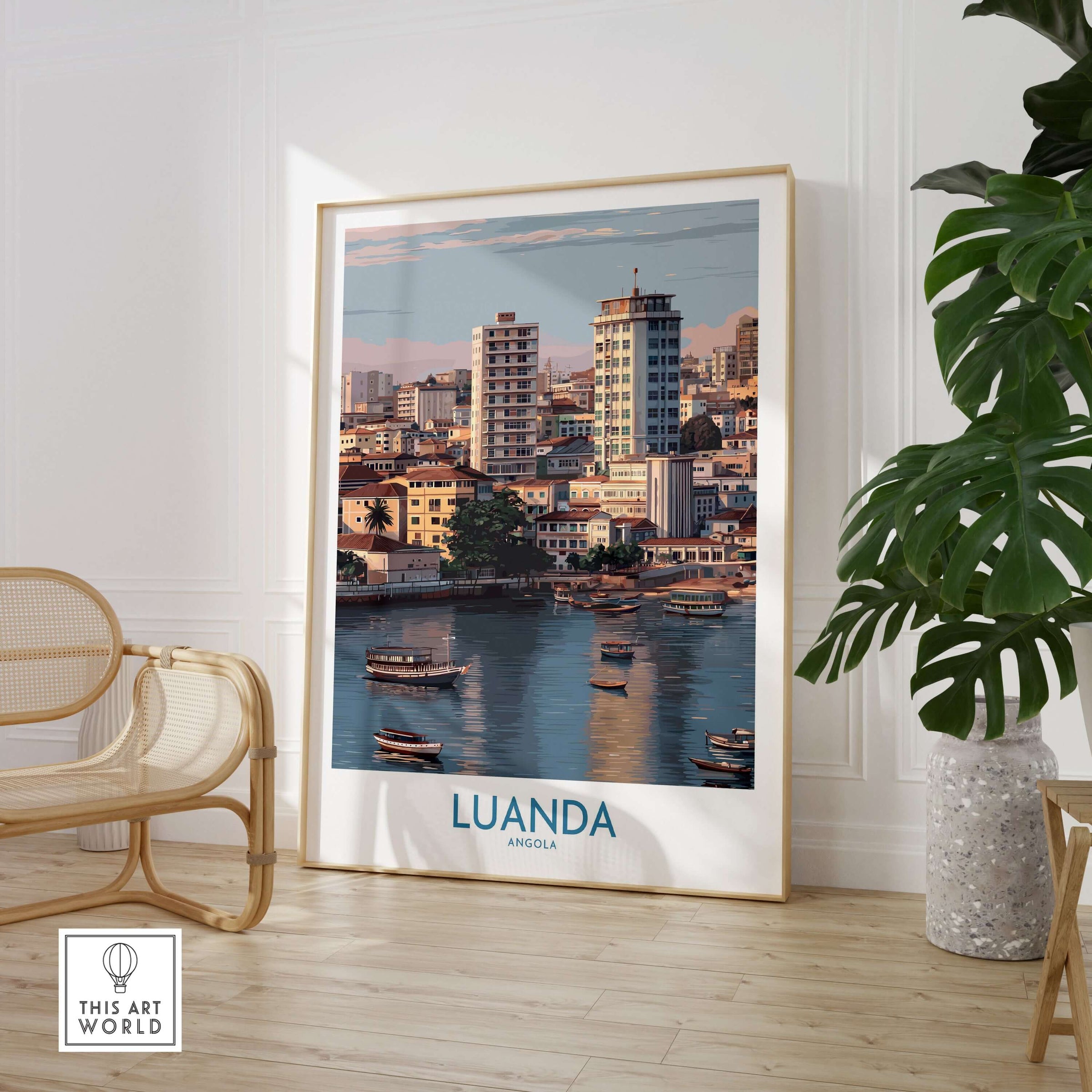 Luanda Cityscape Poster - Angola Travel Print - Urban Waterfront Wall Art displayed in a modern interior setting.