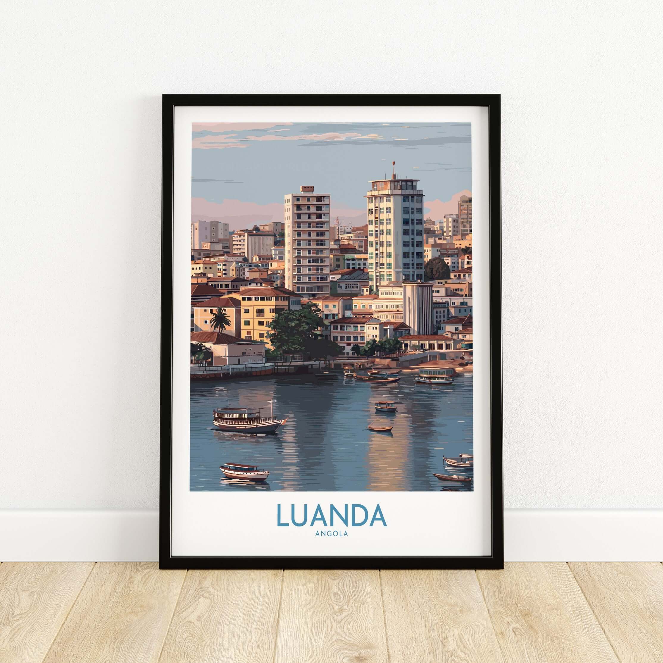 Luanda Cityscape Poster - Angola Travel Print - Urban Waterfront Wall Art showcasing a vibrant waterfront scene.