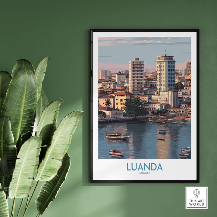 Luanda Cityscape Poster showcasing Angola's urban waterfront with boats, framed on a green wall.