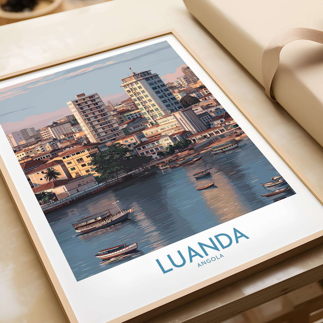 Luanda cityscape poster depicting urban waterfront and skyline, vibrant wall art for Angola travel enthusiasts.