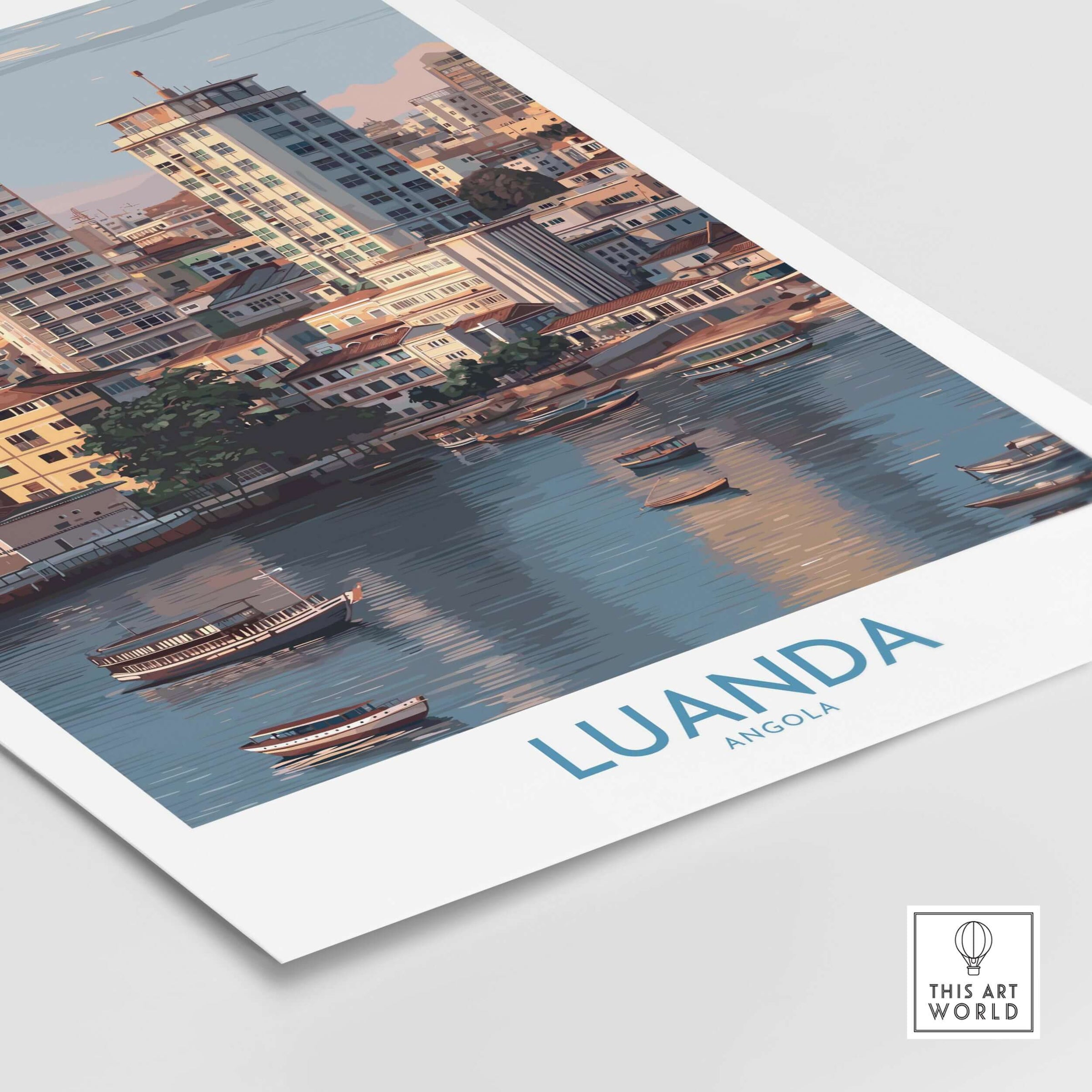 Luanda Cityscape Poster - Angola Travel Print - Urban Waterfront Wall Art showcasing the vibrant waterfront and city architecture.