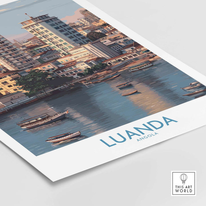 Luanda Cityscape poster showcasing vibrant urban waterfront with boats, capturing Angola's lively essence.