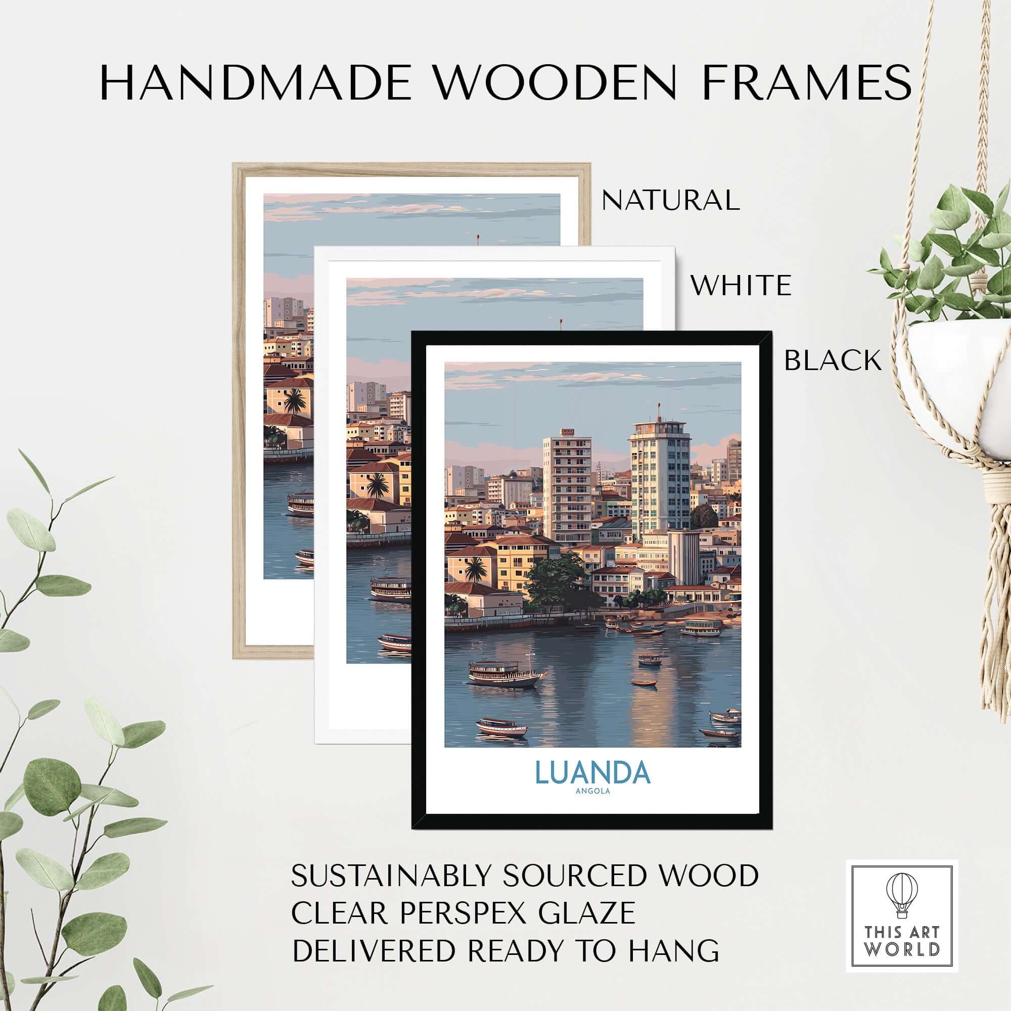 Luanda Cityscape Poster - Angola Travel Print - Urban Waterfront Wall Art in handmade wooden frames, available in natural, white, and black.