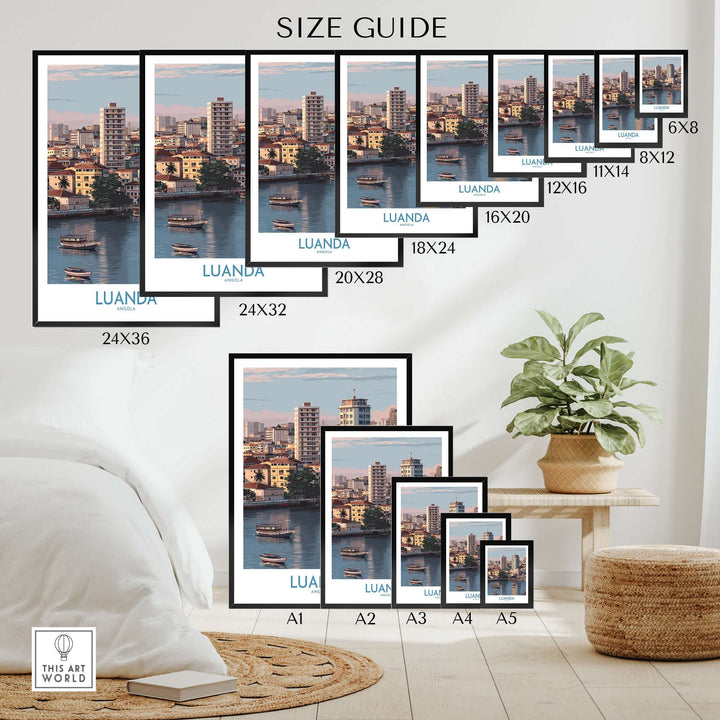 Size guide for Luanda Cityscape poster prints showcasing various sizes and a vibrant urban waterfront scene.