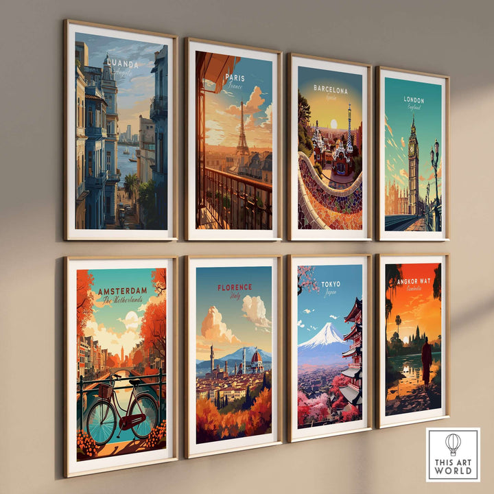 Gallery of vibrant cityscape travel posters featuring Luanda, Paris, Barcelona, London, Amsterdam, Florence, Tokyo, and Angkor Wat.