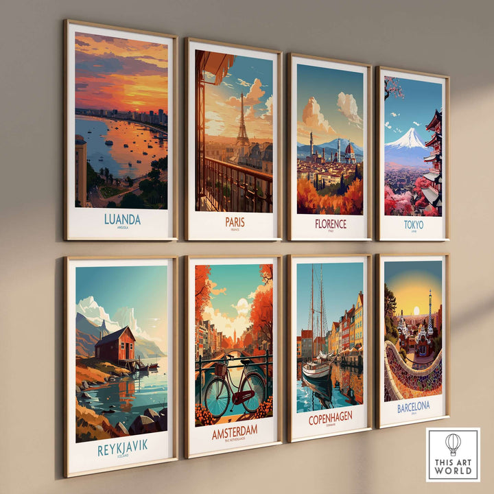 Collection of cityscape art prints including Luanda, Paris, Florence, Tokyo, Reykjavik, Amsterdam, Copenhagen, and Barcelona.