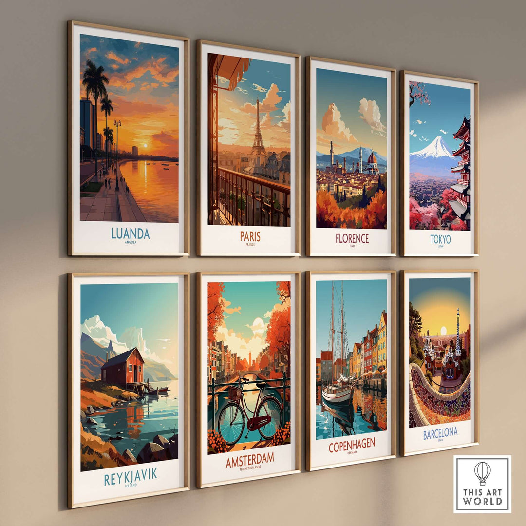 Collection of scenic city posters including Luanda, Paris, Florence, Tokyo, Amsterdam, Copenhagen, Reykjavik, and Barcelona.