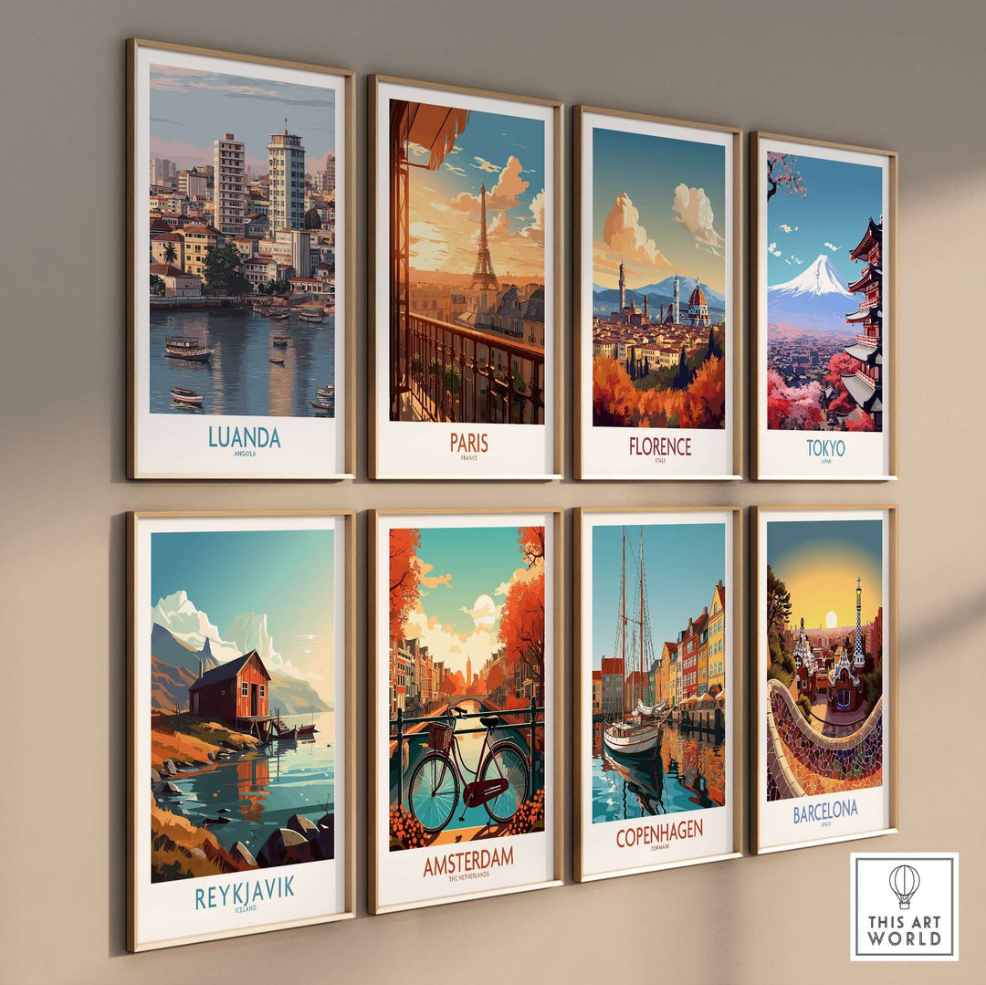 Framed cityscape posters featuring Luanda, Paris, Florence, Tokyo, Reykjavik, Amsterdam, Copenhagen, and Barcelona.