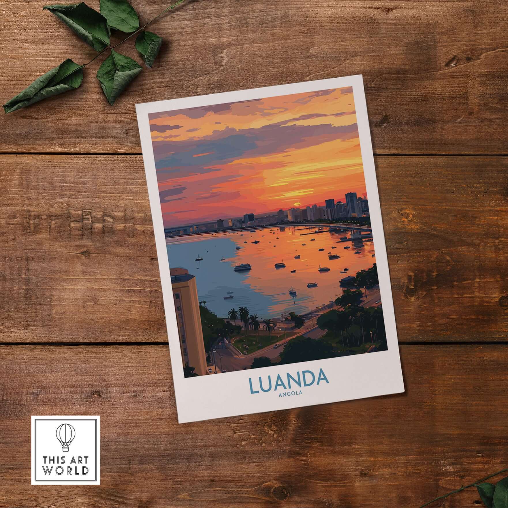 Luanda Poster - Angola Bay Cityscape Sunset Art Print - City Wall Decor on wooden background with vibrant sunset colors.