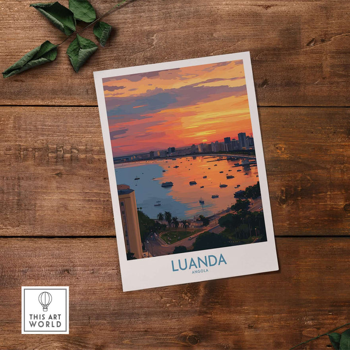 Luanda Bay cityscape sunset art print showcasing vibrant colors and serene waterfront scene in Angola.