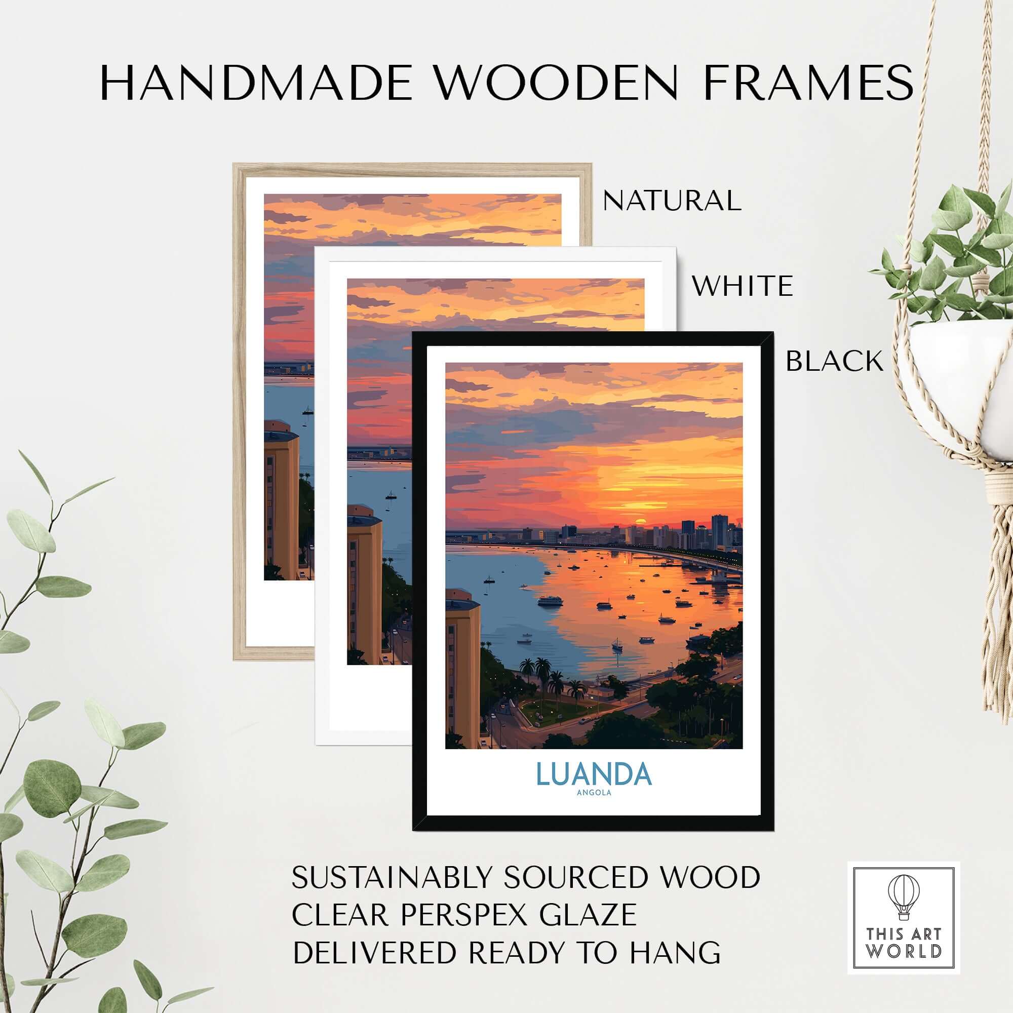 Luanda Poster - Angola Bay Cityscape Sunset Art Print - City Wall Decor framed in natural, white, and black handmade frames.