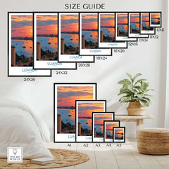 Luanda Poster - Angola Bay Cityscape Sunset Art Print - City Wall Decor size guide showing various print sizes