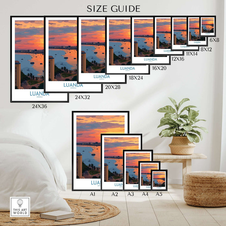 Size guide for Luanda Bay cityscape sunset art print with various frame sizes for wall decor.