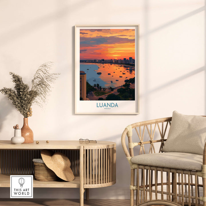 Luanda poster showing sunset over Angola Bay, framed art in modern decor setting, perfect for wall decoration.