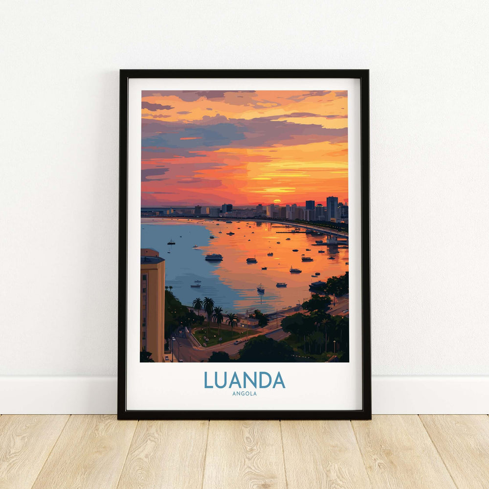 Luanda cityscape sunset art print showcasing vibrant colors over Angola Bay, perfect for wall decor.