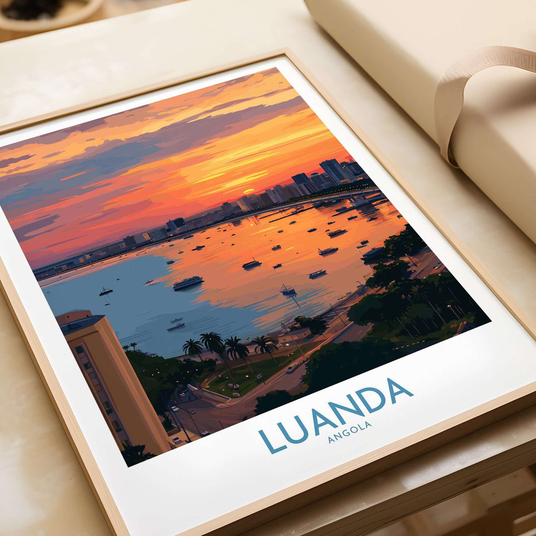 Luanda poster depicting Angola Bay's sunset cityscape and vibrant waterfront with boats and palm trees.