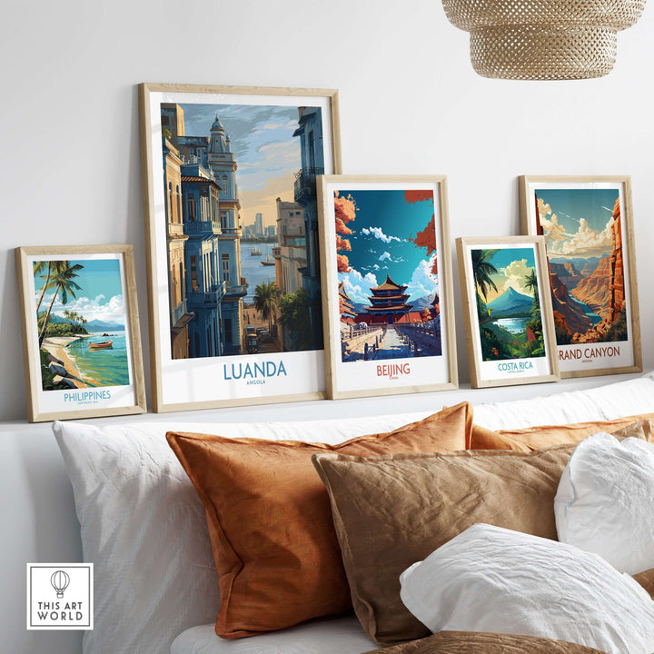 Luanda poster alongside other art prints, showcasing historic architecture and vibrant landscapes for home decor.