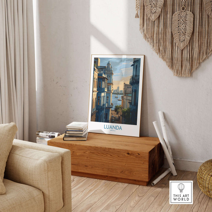 Luanda poster art print showcasing Portuguese architecture in a stylish living room decor.