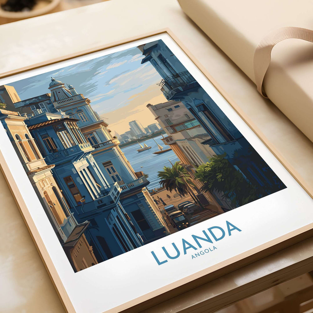 Luanda poster showcasing Portuguese architecture with a view of the waterfront, perfect for home or office decor.