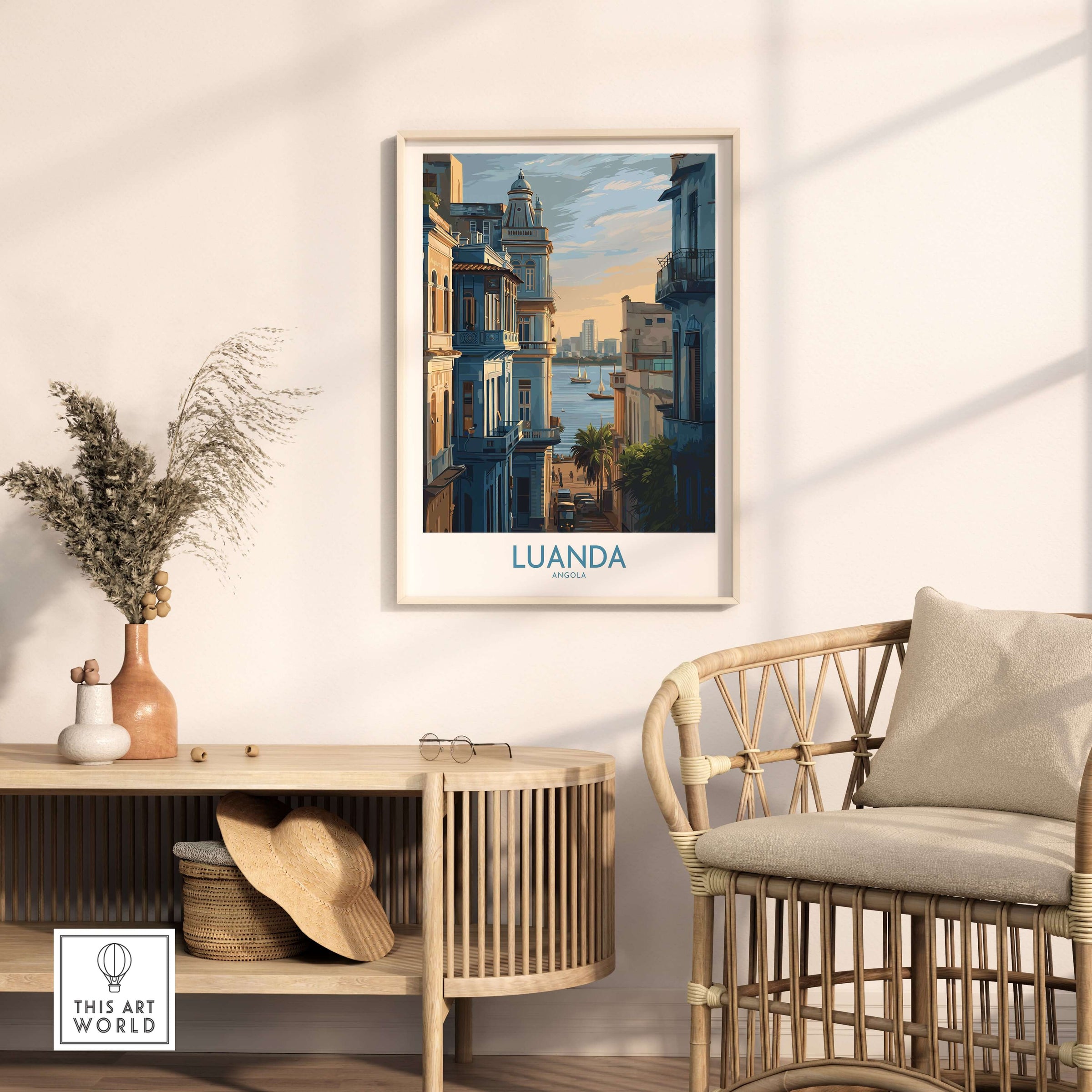 Luanda Poster - Historic Angola Art Print - Portuguese Architecture Wall Art displayed in a stylish living room setting.