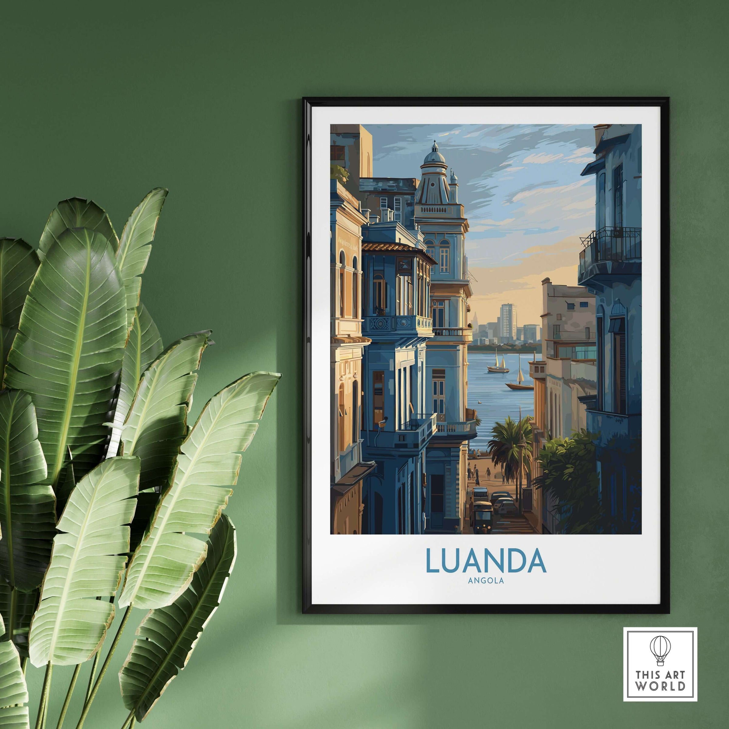 Luanda Poster - Historic Angola Art Print - Portuguese Architecture Wall Art displayed in a stylish room with greenery.
