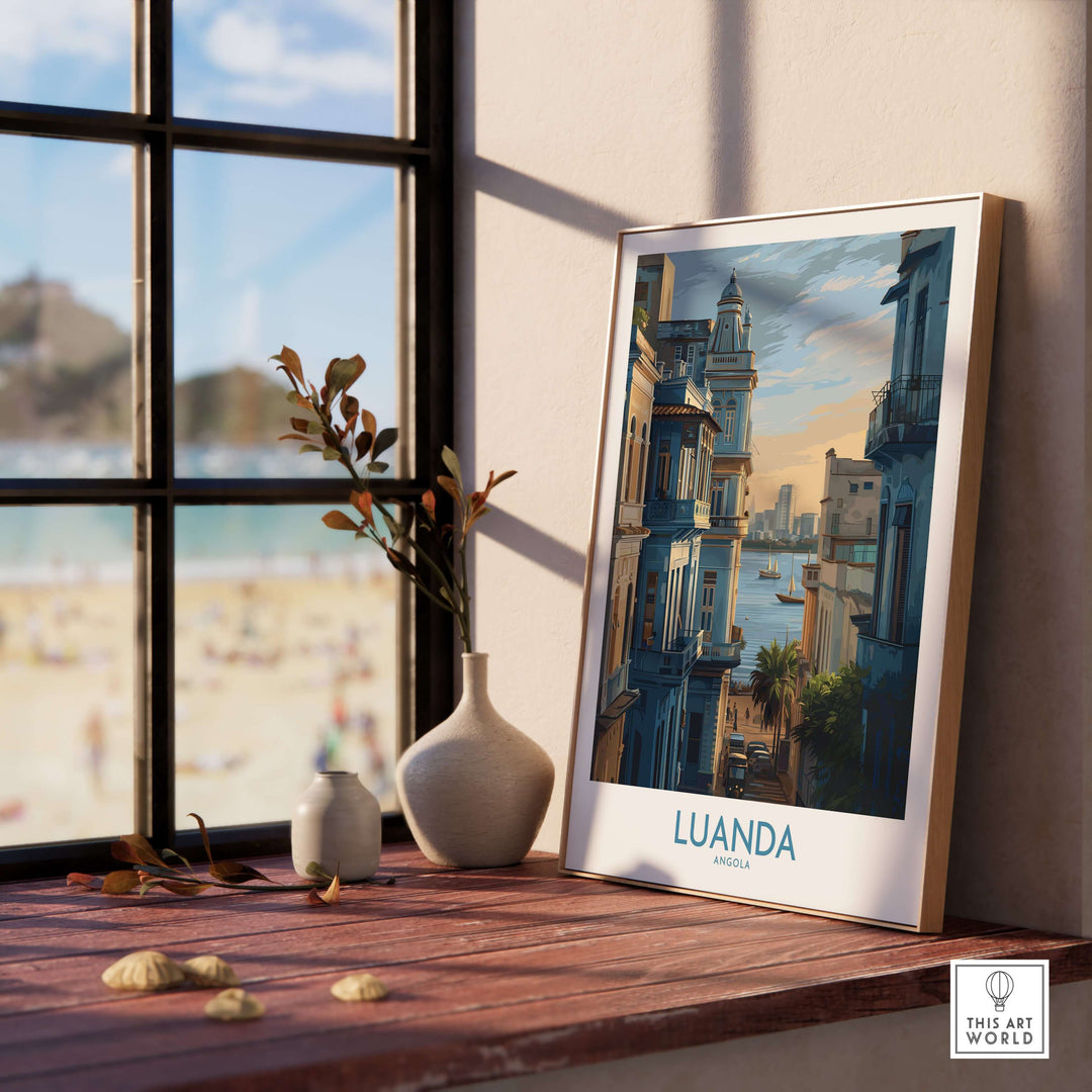 Luanda art print showcasing Portuguese architecture by a window with beach view, perfect for home décor.