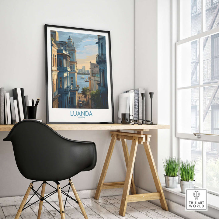 Luanda poster featuring Portuguese architecture, displayed in a stylish office setting with modern decor.