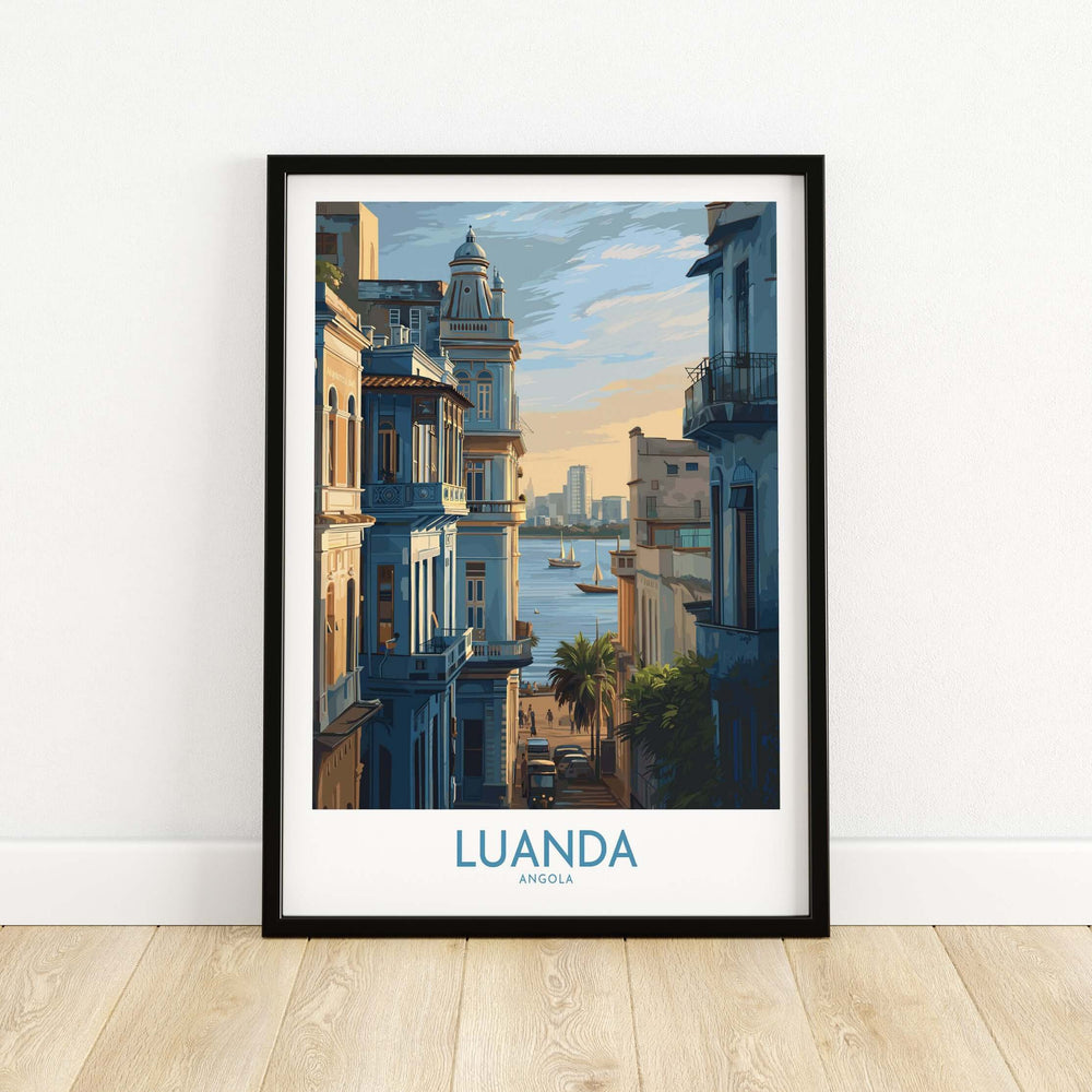Luanda poster featuring Portuguese architecture and coastal view of Angola, perfect for home or office decor.