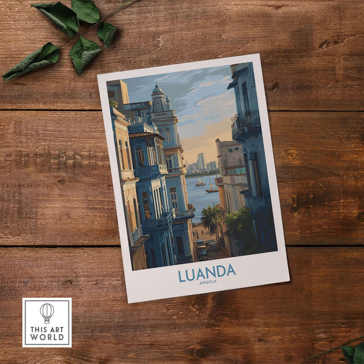 Luanda art print showcasing Portuguese architecture and scenic views of Angola's coastline on wooden background.