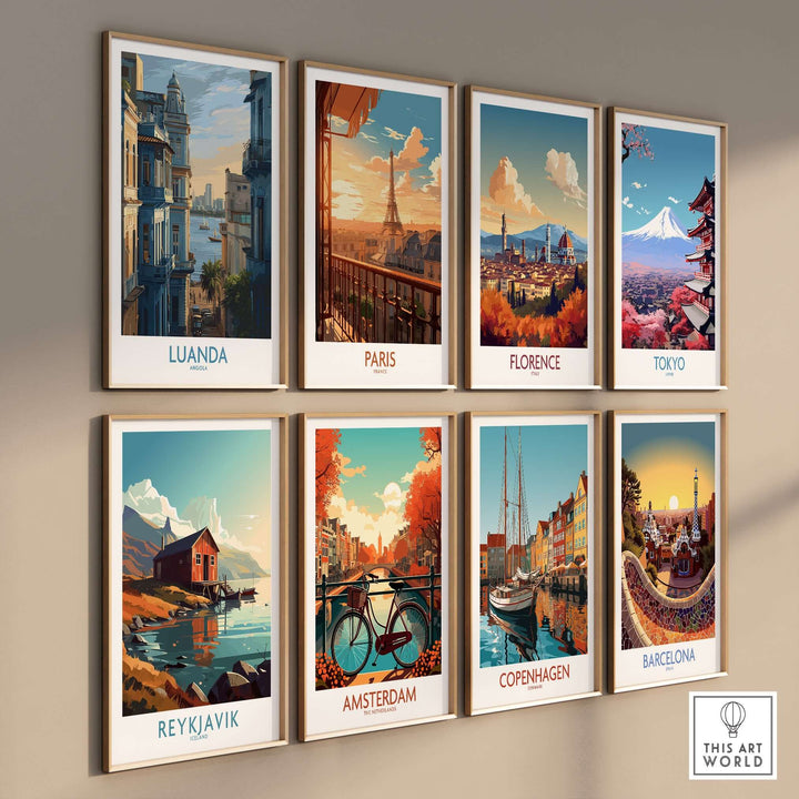 Gallery wall featuring travel posters: Luanda, Paris, Florence, Tokyo, Reykjavik, Amsterdam, Copenhagen, Barcelona.