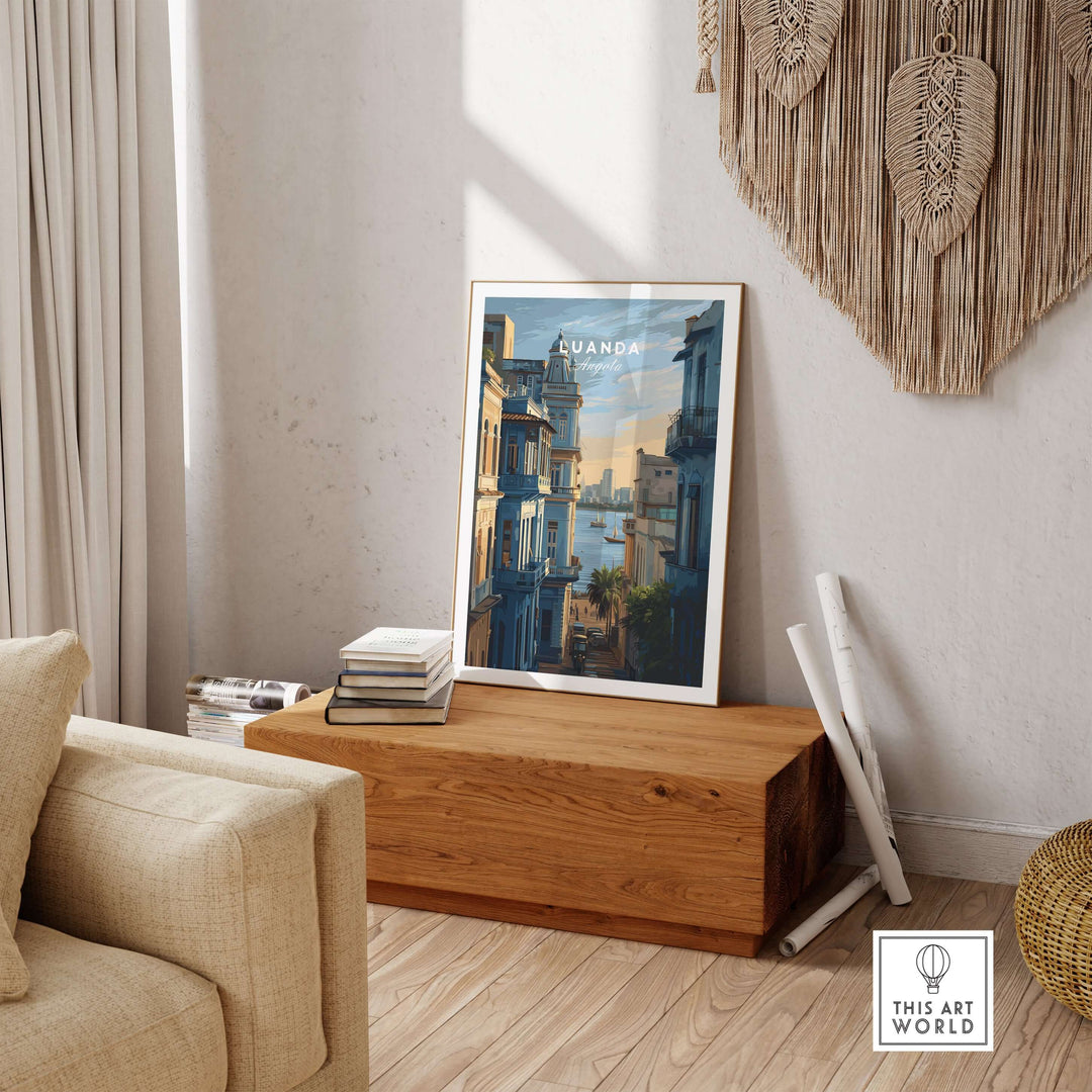 Luanda cityscape poster displayed in a cozy living room, showcasing vibrant coastal decor.