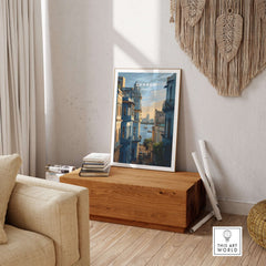 Luanda Print - African Cityscape Poster - Coastal Travel Decor showcased in a modern living room.