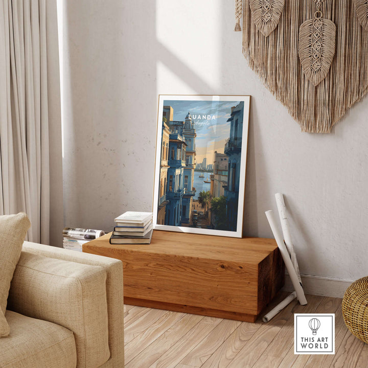 Luanda cityscape poster displayed in a cozy living room, showcasing vibrant coastal decor.