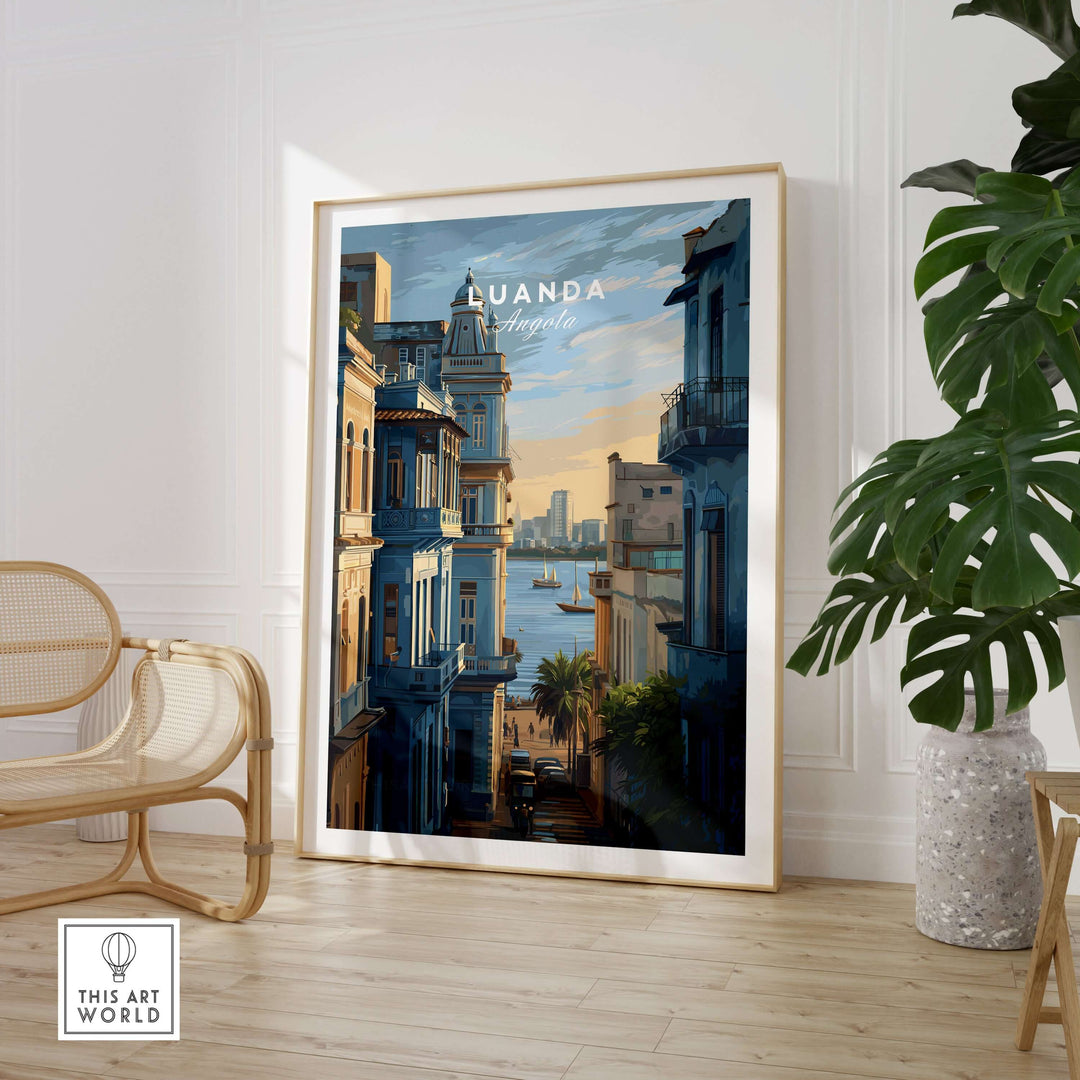 Luanda print showcasing vibrant cityscape and coastal views, perfect for travel decor in stylish interior.