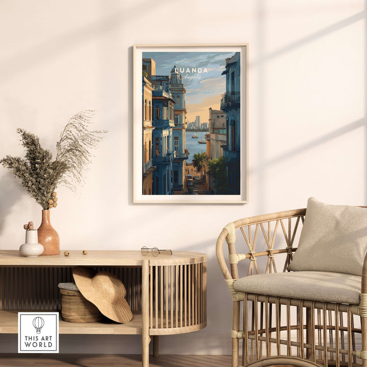 Luanda cityscape poster displayed in a cozy interior, highlighting coastal travel decor and vibrant urban scenery.
