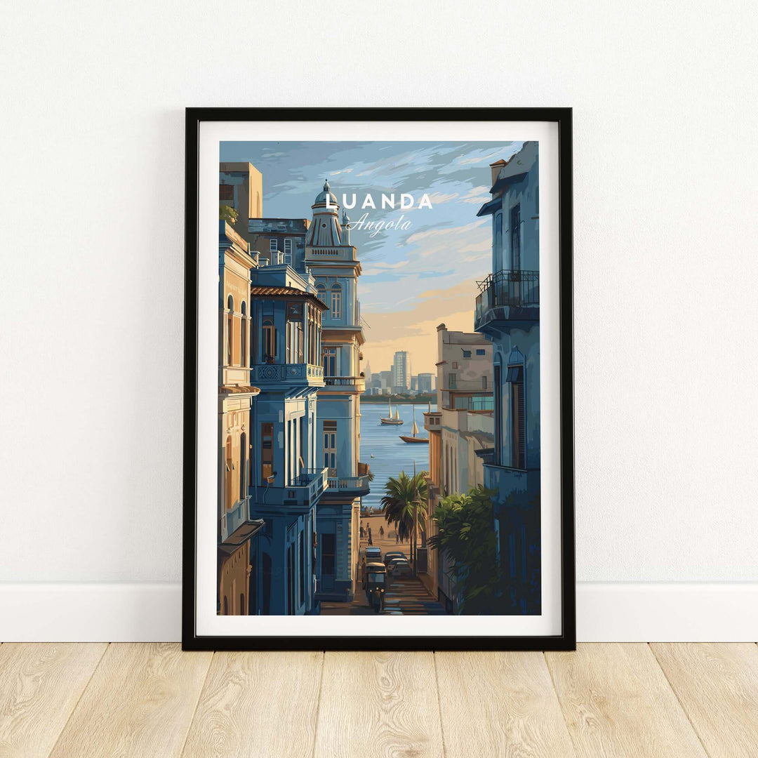 Luanda coastal cityscape poster showcasing vibrant architecture and waterfront views, perfect for travel decor.