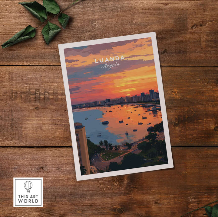 Luanda skyline sunset poster showcasing vibrant waterfront scene, perfect for urban art lovers and travel enthusiasts.